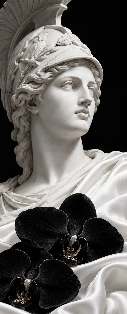 Marble bust of Athena with an owl carved on her helmet, black orchids resting on white satin
